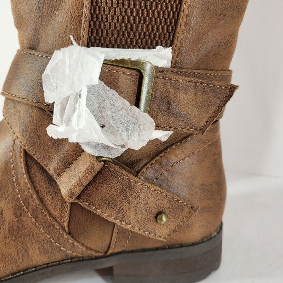 Women's Brown Knee-High Riding Boots With Buckle & Zipper Elastic sides Size 6 N - Picture 2 of 10